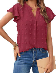 Women V Neck Ruffle Short Sleeve Chiffon Blouse Dot Flowy Shirt Top