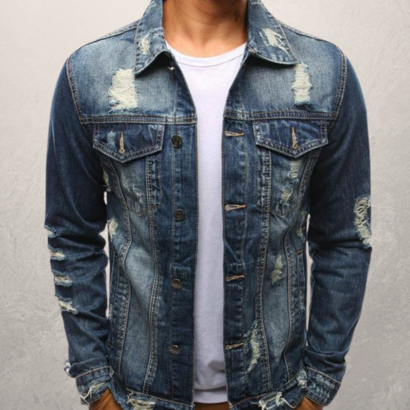 Men's Oversize Denim Jacket Winter Coat Long Sleeve Ripped Casual Style - Farefe