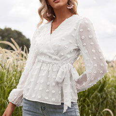 Elegant V-neck Lace Blouse Women - Long Sleeve