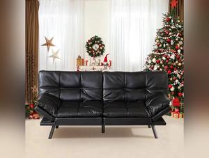 Convertible Futon Sofa Bed, Memory Foam Loveseat, Sleeper Sofa Lounger - Compact Living, Black Leather