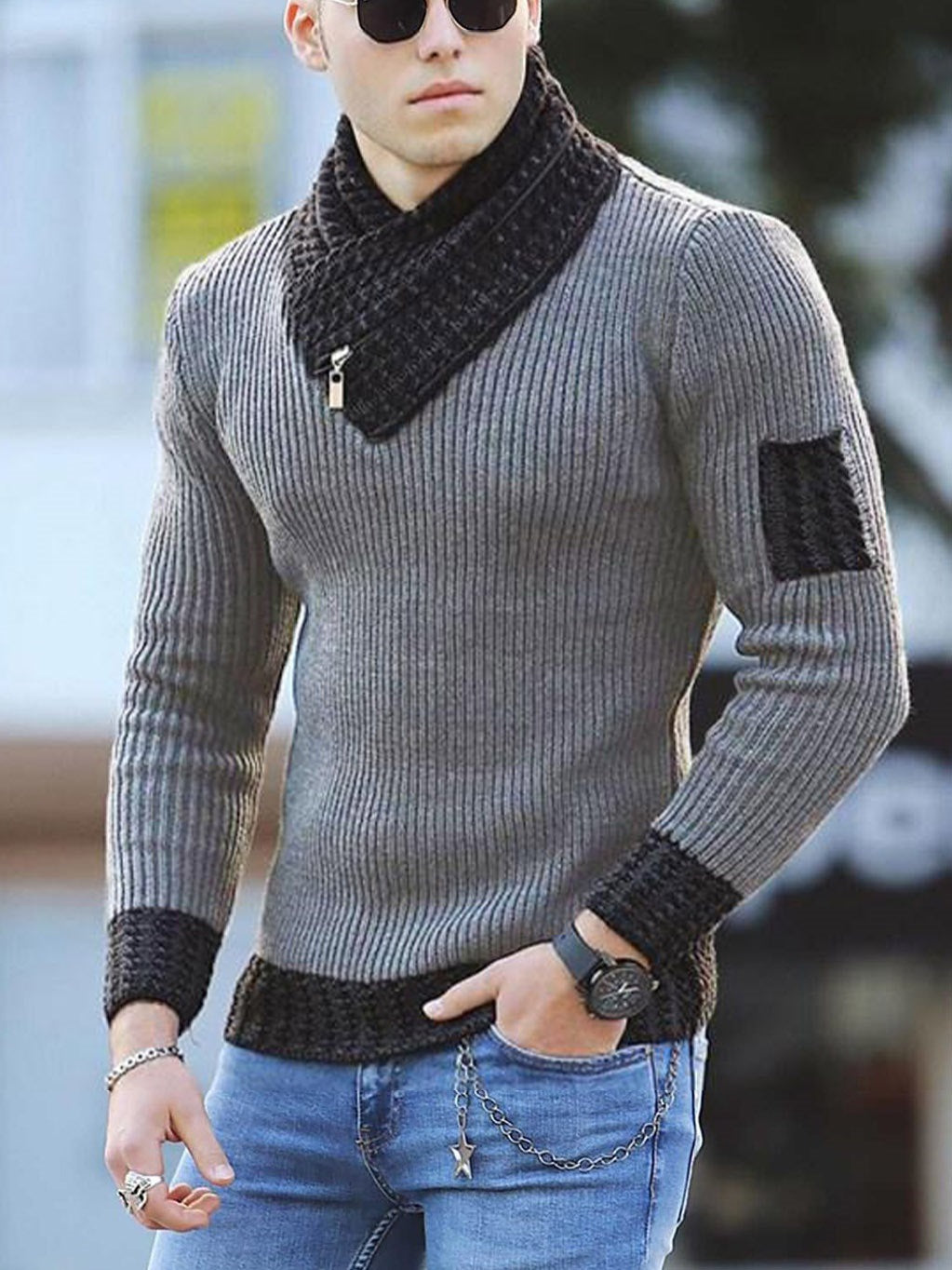 Casual Slim Knit Pullover Long Sleeve Scarf Collar Sweater Men's