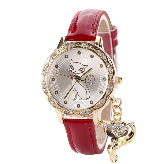 Fashion Cat Pattern Analog Quartz Wrist Watches - 3CM Dial, 0.7CM Thickness, 1.3CM Strap - Gift for Women & Girls - Farefe