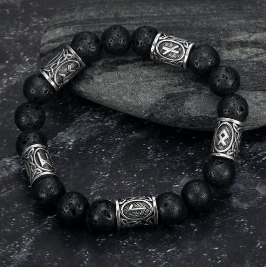 Asgard Crafted Silver Rune & Black Lava Stone Bracelet - Unisex Vintage Style Accessory with Geometric Shapes - Farefe