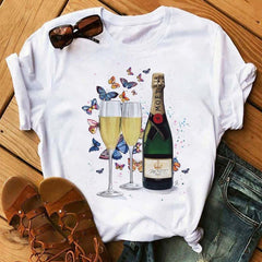 Kawaii Rose Gold Wine Glass T-shirt - Casual Printing Short Sleeve
