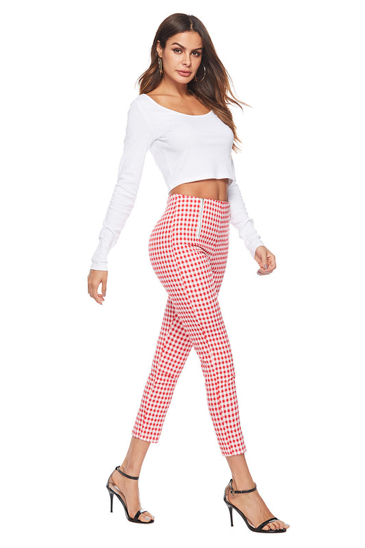 Black and White Plaid Zipper Slimming Pants - Farefe