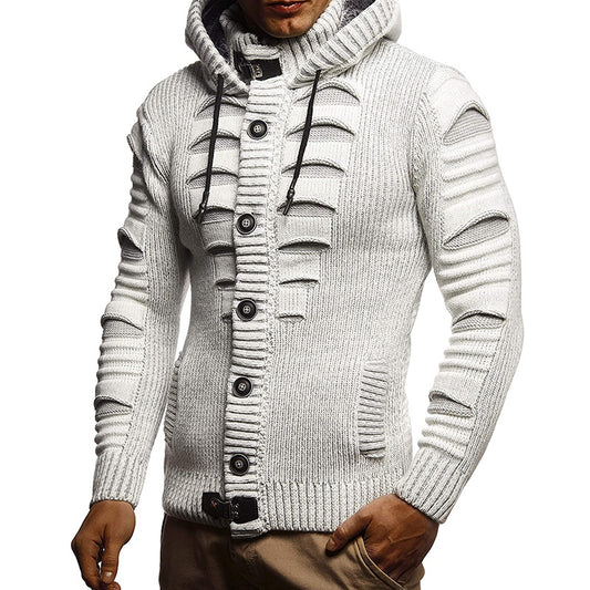 Sweater Men's Hooded Knitted Cardigan Jacket in Thick Wool, Long Sleeve, Acrylic Material, Available in Multiple Colors and Sizes