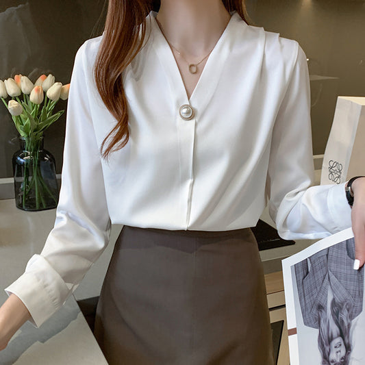 V-neck Long-sleeve Blouse for Women - Chic and Versatile Spring Fashion - Farefe