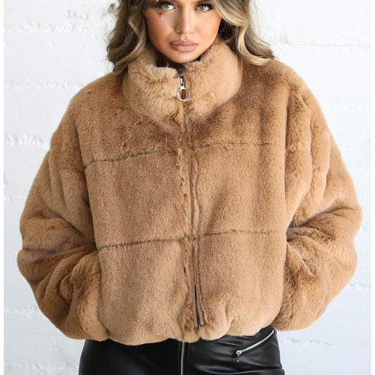 Ladies Zip-Up Thermal Jackets - Warm Fur Coat (Khaki) - S, M, L Sizes Available - Farefe
