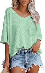 V-neck Women's Green Short Sleeve Tops with Patched Pocket