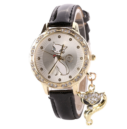 Fashion Cat Pattern Analog Quartz Wrist Watches - 3CM Dial, 0.7CM Thickness, 1.3CM Strap - Gift for Women & Girls - Farefe