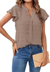 Women V Neck Ruffle Short Sleeve Chiffon Blouse Dot Flowy Shirt Top