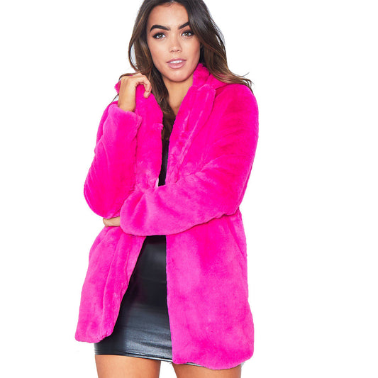 Women's Faux Fur Coat - Long Sleeve Warm Thick Wave Jackets, Plus Size Coat for Winter. Available in Black, Yellow, Rose Red. Autumn 2018 Collection, England Style, Made with Artificial Fur. - Farefe