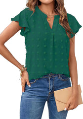 Women V Neck Ruffle Short Sleeve Chiffon Blouse Dot Flowy Shirt Top