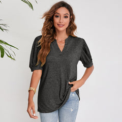 Women's Pleated Puff Sleeve Tops V Neck T Shirts Casual Loose Blouses