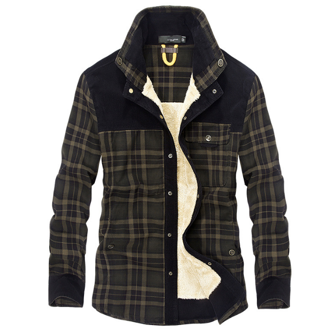 Thick Warm Fleece Jacket for Men - Cotton Plaid Military Coat - Farefe