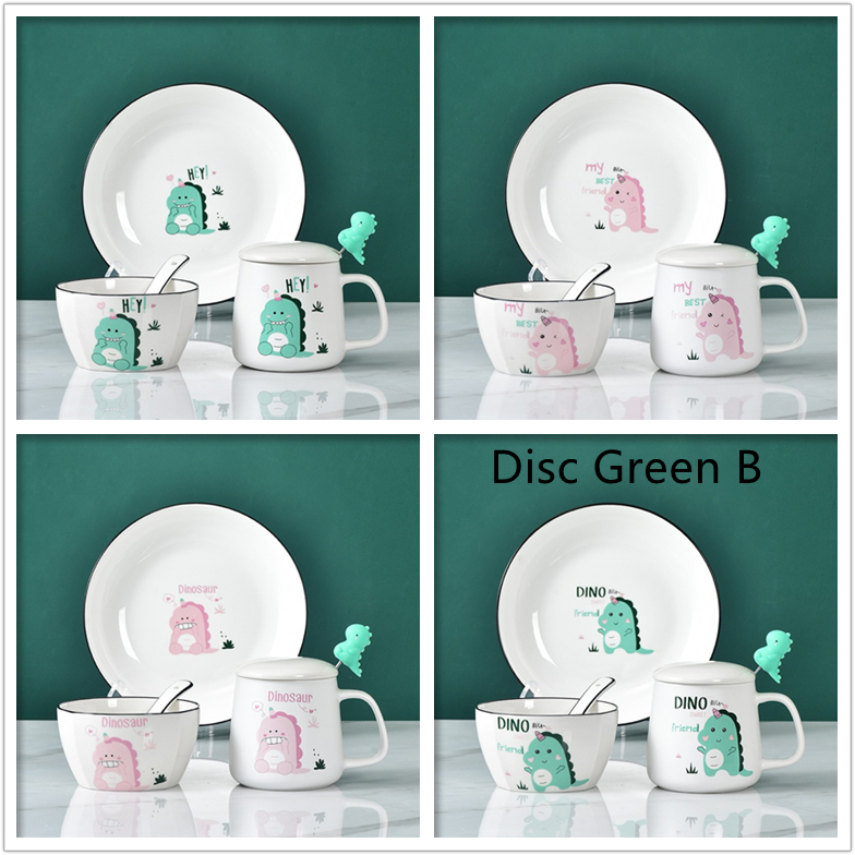 Cute Cartoon Dinosaur Ceramic Bowls And Dishes - Set of 4 Bowls and Spoons - Farefe