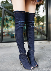 Fish mouth knee boots with high-stretch denim, microfiber interior, rubber sole, 7.5cm forefoot width, and 55cm tube height.