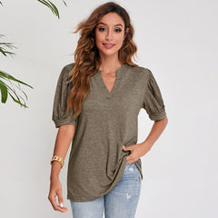 Women's Pleated Puff Sleeve Tops V Neck T Shirts Casual Loose Blouses