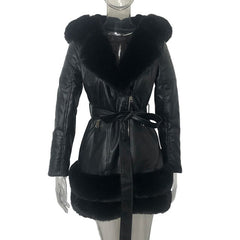 Fashion Women's Black Leather Coat with Fur Collar