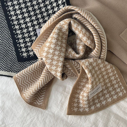 Houndstooth and Wave Pattern Print Scarf - Women's Winter Korean Style Fashion Knitted Double-Sided Warm Woolen Scarf