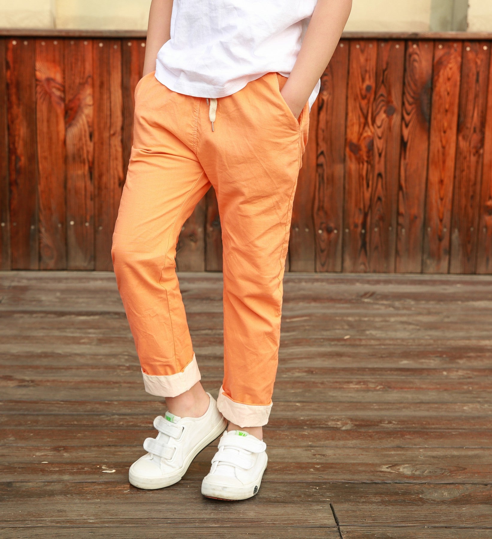 Boys and Girls Cotton Cropped Trousers - Orange Color, Middle Waist, Cotton and Linen Fabric - Farefe