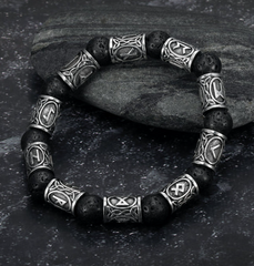 Asgard Crafted Silver Rune & Black Lava Stone Bracelet - Unisex Vintage Style Accessory with Geometric Shapes - Farefe