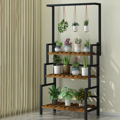 3 Tier Metal Plant Stand with Hanging Basket - Indoor Display Rack for Flower Pot Decor - Farefe