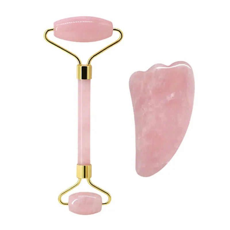 Rose Quartz Face Jade Roller Massagers Guasha Set Gua Sha Tools Natural Stone Gouache Scraper - Farefe