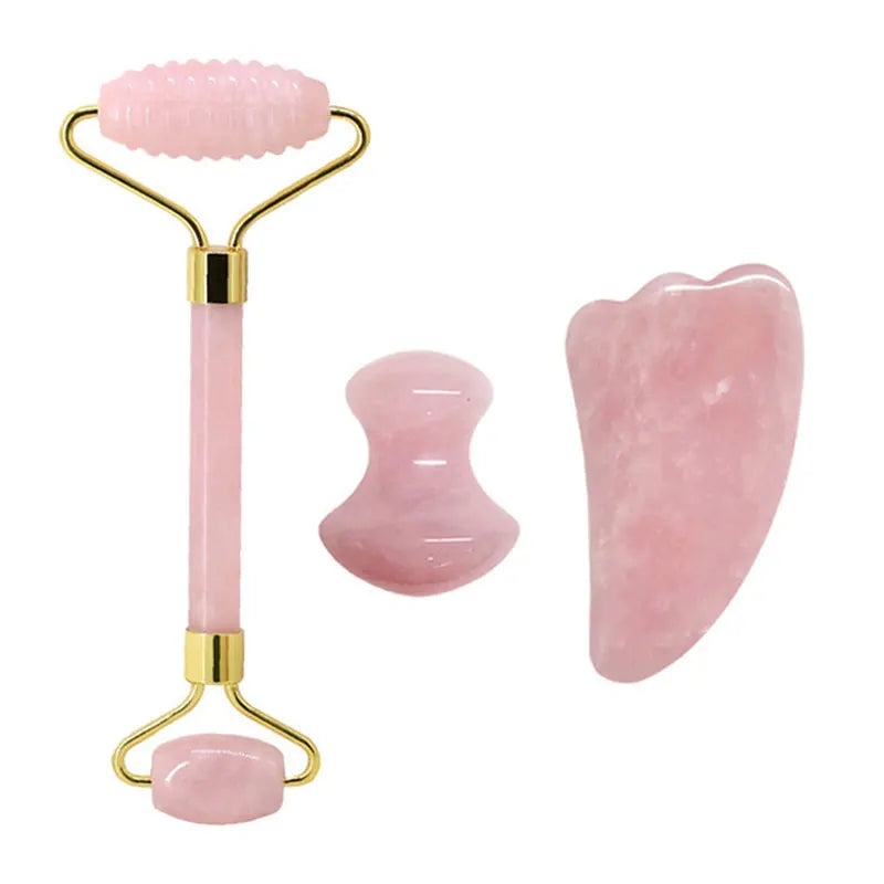 Rose Quartz Face Jade Roller Massagers Guasha Set Gua Sha Tools Natural Stone Gouache Scraper - Farefe