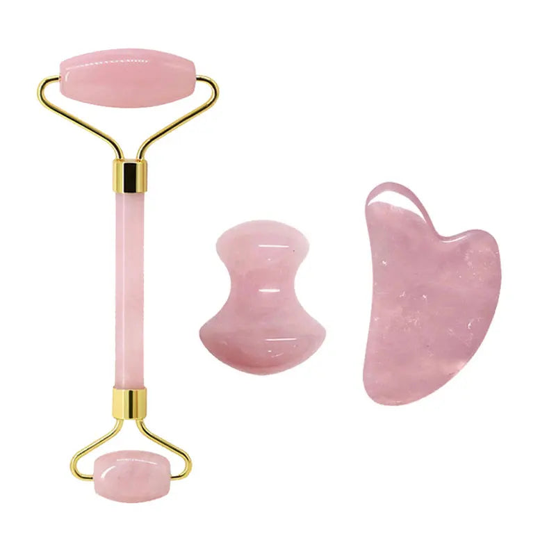 Rose Quartz Face Jade Roller Massagers Guasha Set Gua Sha Tools Natural Stone Gouache Scraper - Farefe