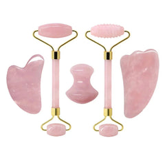 Rose Quartz Face Jade Roller Massagers Guasha Set Gua Sha Tools Natural Stone Gouache Scraper - Farefe