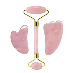 Rose Quartz Face Jade Roller Massagers Guasha Set Gua Sha Tools Natural Stone Gouache Scraper - Farefe