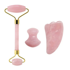 Rose Quartz Face Jade Roller Massagers Guasha Set Gua Sha Tools Natural Stone Gouache Scraper - Farefe