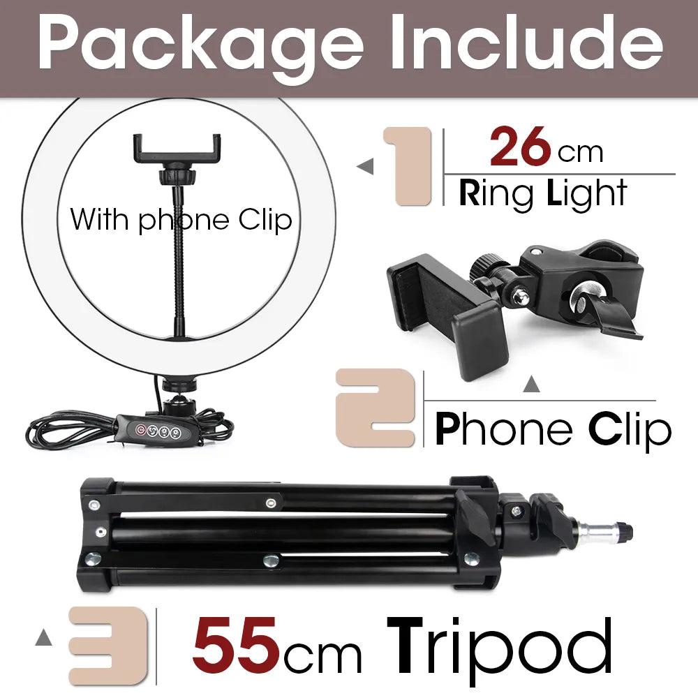 LED Ring Light Photography Selfie Lamp With Tripod For Phone Stand - Live Video Streaming - Farefe