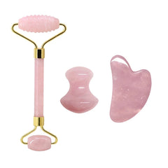 Rose Quartz Face Jade Roller Massagers Guasha Set Gua Sha Tools Natural Stone Gouache Scraper - Farefe