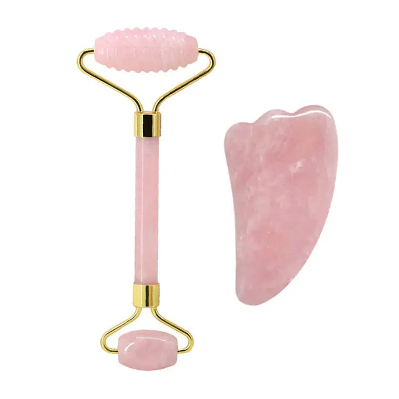 Rose Quartz Face Jade Roller Massagers Guasha Set Gua Sha Tools Natural Stone Gouache Scraper - Farefe