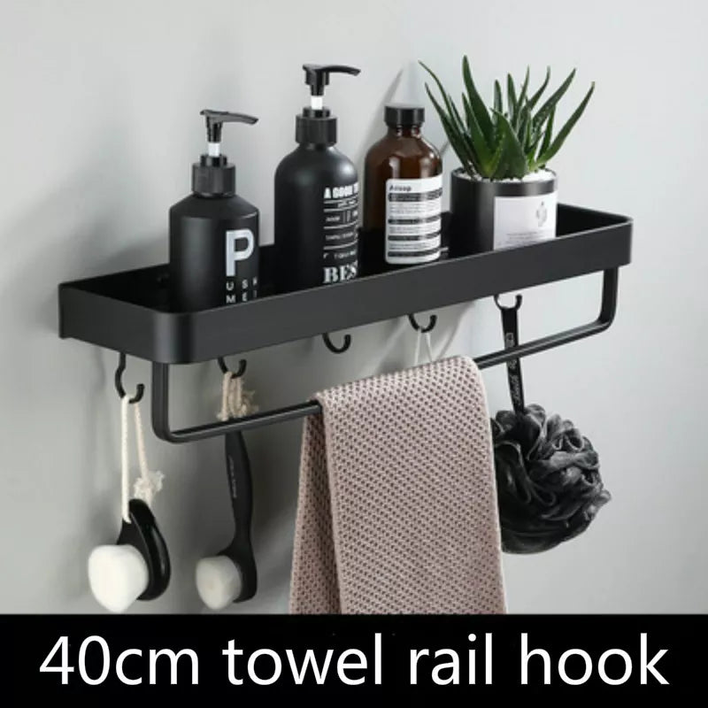 Bathroom Shelf No Drill Shower Storage Rack Corner Shelves Wall Mount Aluminum Black - Farefe