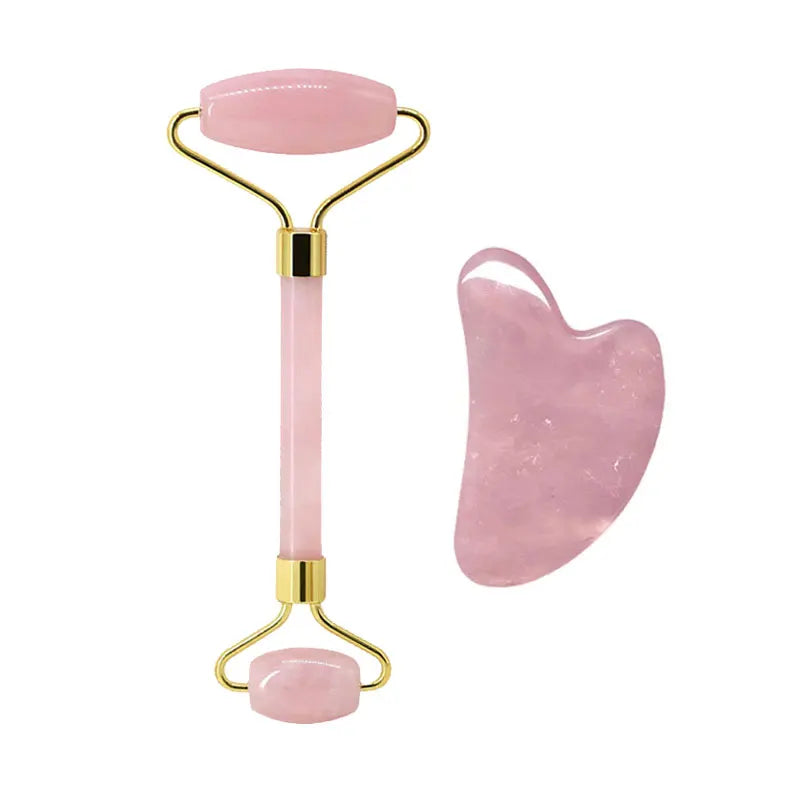 Rose Quartz Face Jade Roller Massagers Guasha Set Gua Sha Tools Natural Stone Gouache Scraper - Farefe