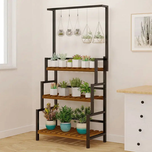 3 Tier Metal Plant Stand with Hanging Basket - Indoor Display Rack for Flower Pot Decor - Farefe