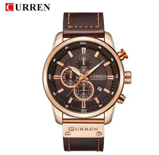CURREN Men Leather Sports Watch Army Military Quartz Wristwatch Chronograph Clock - Farefe