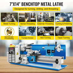 VEVOR Mini Metal Lathe Machine 7"x14" 550W 180x350mm Variable Speed 3 Jaw Chuck for Metalworking - Farefe