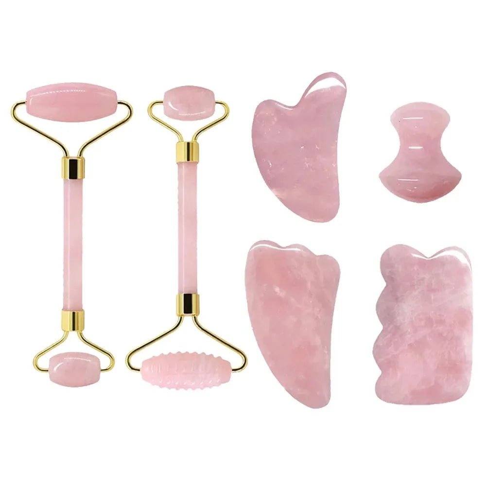 Rose Quartz Face Jade Roller Massagers Guasha Set Gua Sha Tools Natural Stone Gouache Scraper - Farefe