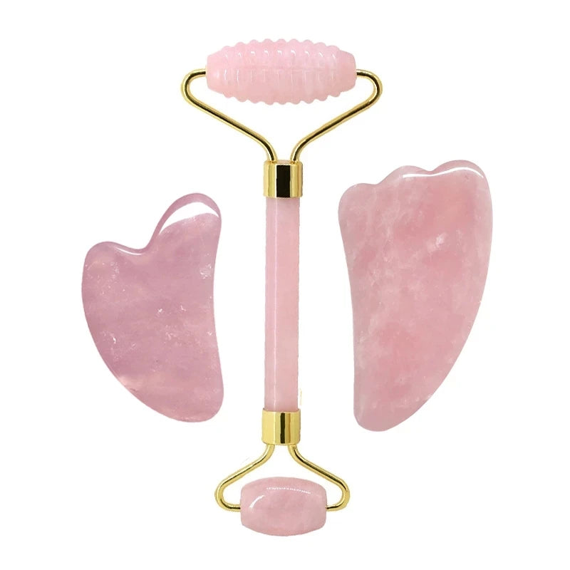 Rose Quartz Face Jade Roller Massagers Guasha Set Gua Sha Tools Natural Stone Gouache Scraper - Farefe