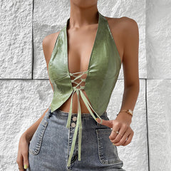 Women's Low-cut Cardigan Halter Lace-up Vest - Green, S-L - Farefe