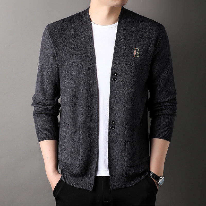 Autumn Knitted Cardigan Men's Fashionable Simple Embroidery Versatile Sweater Coat - Farefe