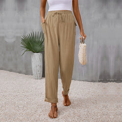Elasticated Khaki Pleated Trousers for Women - Inelastic Mid-Waist Trousers with Pockets and Collage/Stitching Details