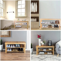 Boussac Bamboo Shoe Rack Bench - 2 Shelves, Natural Wood, Eco-Friendly - Bedroom, Entryway, Hallways - Farefe