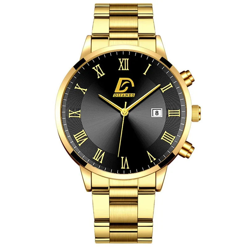 Fashion Gold Stainless Steel Men's Quartz Wristwatch Casual Business Calendar Reloj Hombre - Farefe