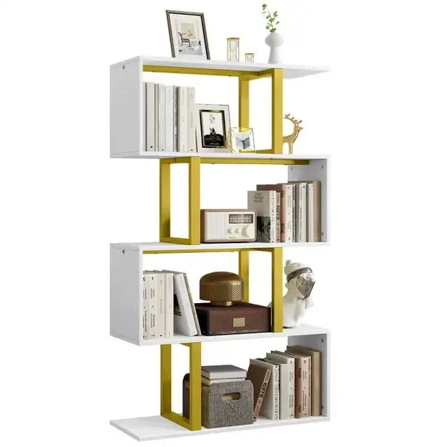 5-Tier Bookshelves and Bookcase, Z-Shelf Modern Freestanding Decorative Storage Shelves for Bedroom Living Room Home Office, Gold - Farefe
