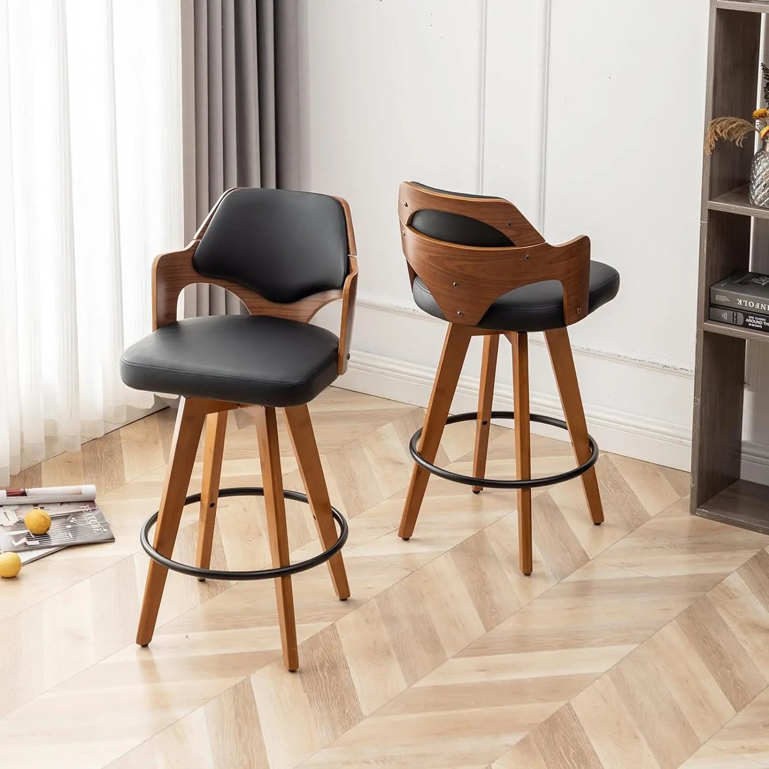 RUO WU Low Back Counter Stools Set of 2 Upholstered Swivel Bar Chairs With Wooden Legs - Farefe